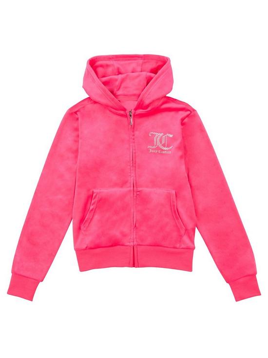 front image of juicy-couture-girls-velour-zip-through-hoodie-neon-pink
