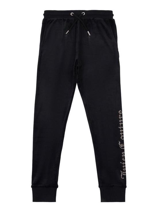 front image of juicy-couture-girls-diamante-velour-slim-joggers-black
