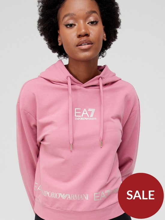 front image of ea7-emporio-armani-tape-logo-crop-hoodie-pink