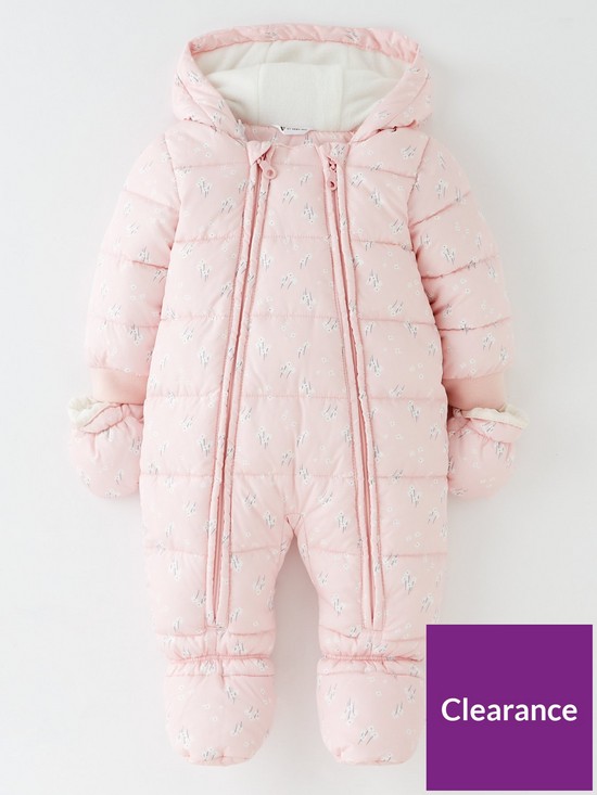 front image of mini-v-by-very-baby-girl-floral-half-fleece-lined-snowsuit-pink
