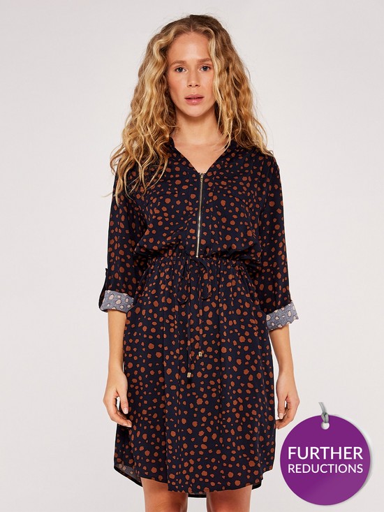front image of apricot-painterly-dot-34-sleeve-zip-detail-dress-multi
