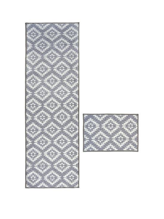 front image of aztec-grey-diamond-runner-doormat-set-57x150
