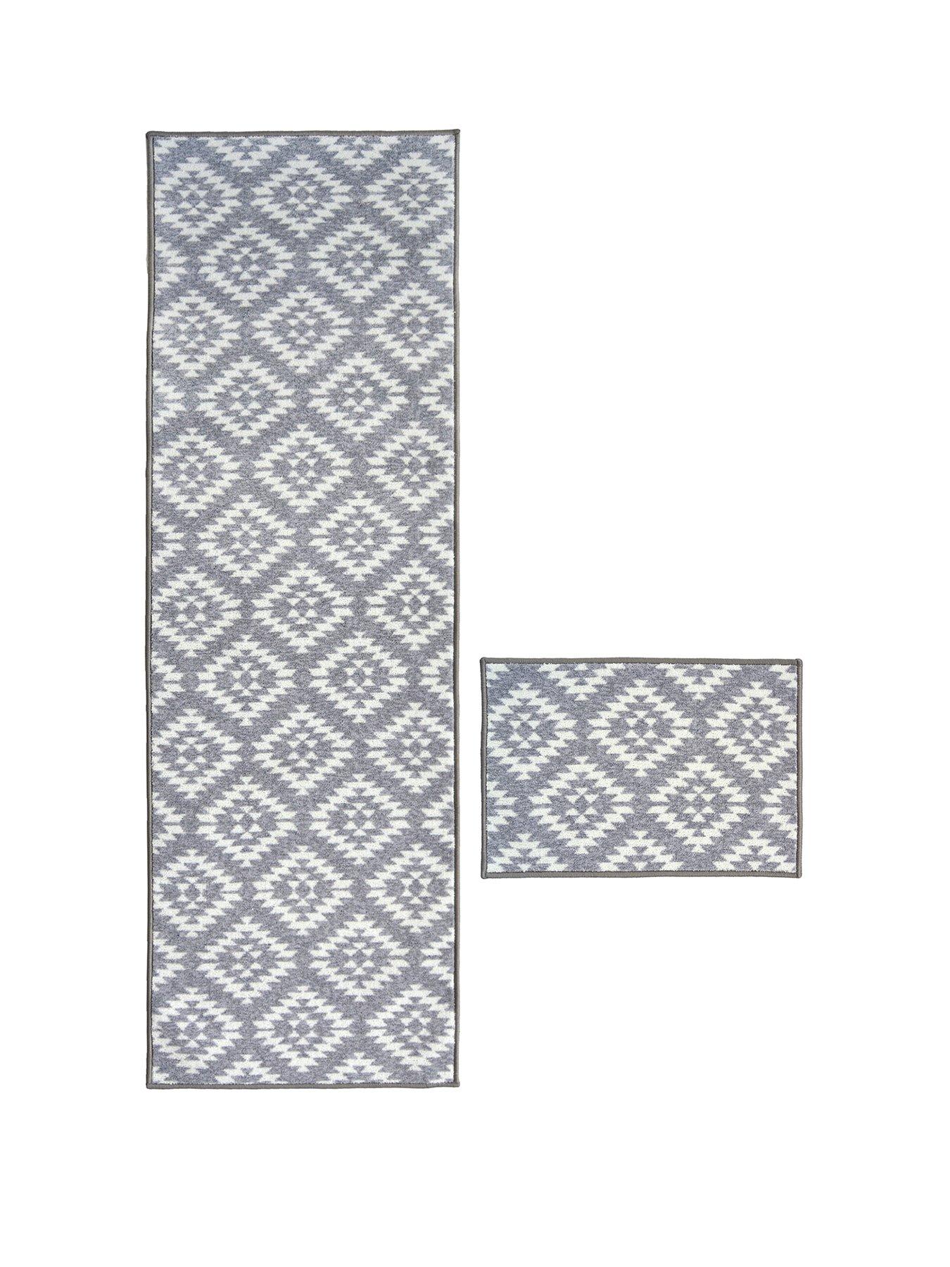 Image 1 of 6 of Aztec Grey Diamond Runner &amp; Doormat Set