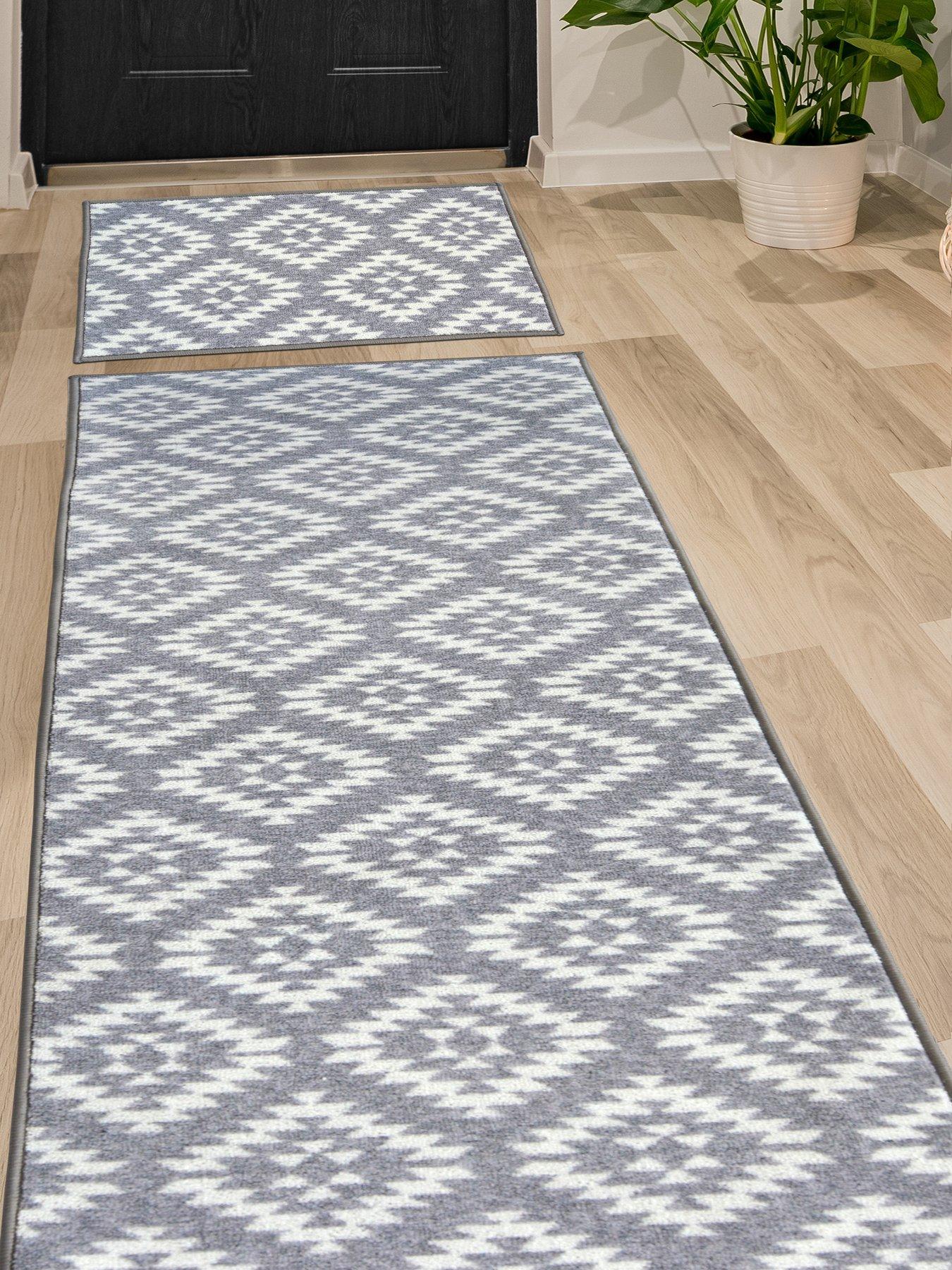  image of the-very-collection-aztec-grey-diamond-runner-amp-doormat-set