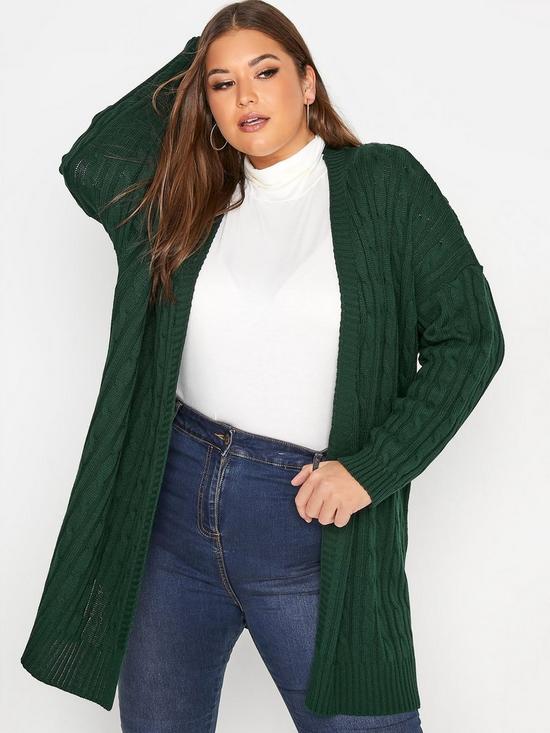 front image of yours-cable-midi-cardigan-forest-green