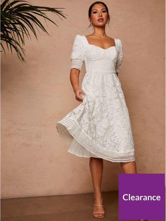 front image of chi-chi-london-puff-sleeve-lace-mini-dress-white