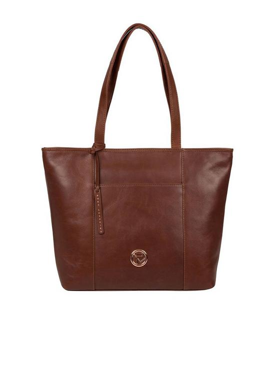 front image of pure-luxuries-london-pimm-leather-zip-top-tote-bag-cognac