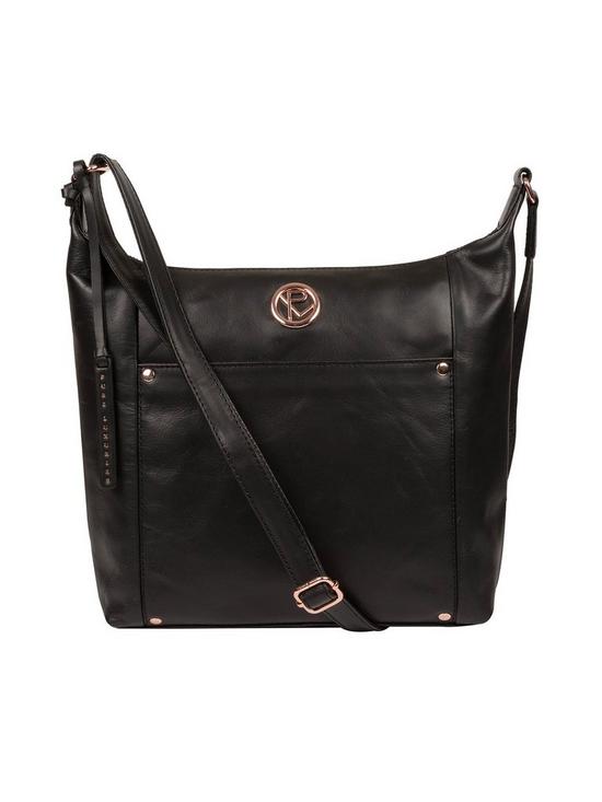 front image of pure-luxuries-london-miro-leather-zip-top-shoulder-bag-black