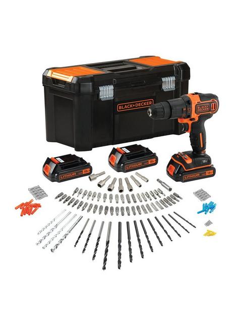 black-decker-bd-18v-lithium-ion-2-gear-hammer-drill-with-3-batteries-fast-charger-and-120-accessories-in-storage-case
