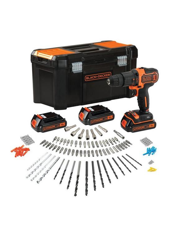front image of black-decker-bd-18v-lithium-ion-2-gear-hammer-drill-with-3-batteries-fast-charger-and-120-accessories-in-storage-case
