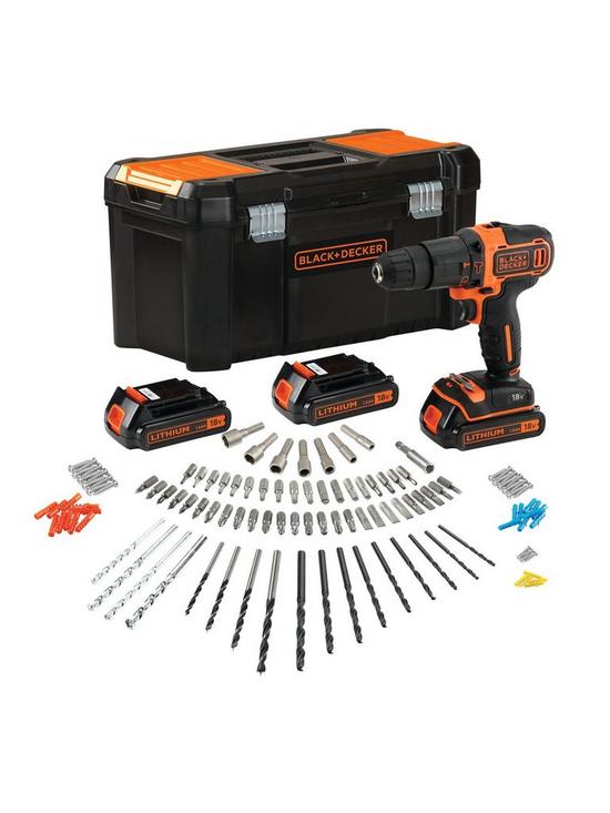 stillFront image of black-decker-bd-18v-lithium-ion-2-gear-hammer-drill-with-3-batteries-fast-charger-and-120-accessories-in-storage-case