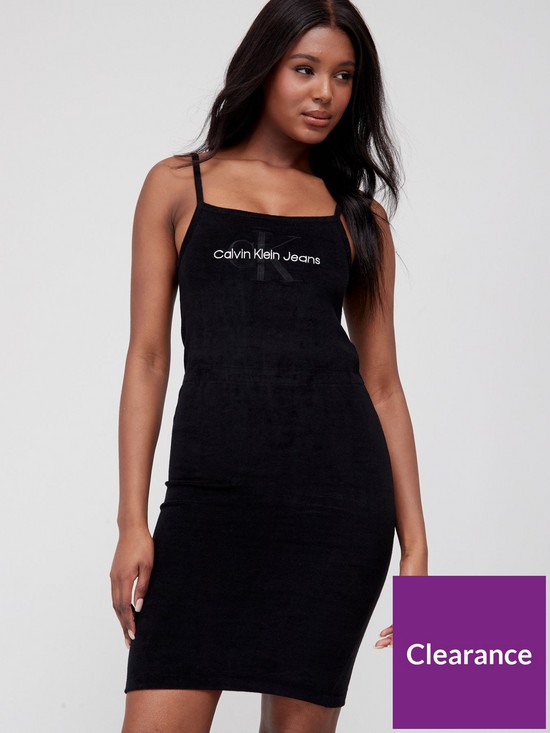 front image of calvin-klein-jeans-monogram-towelling-strappy-dress-black