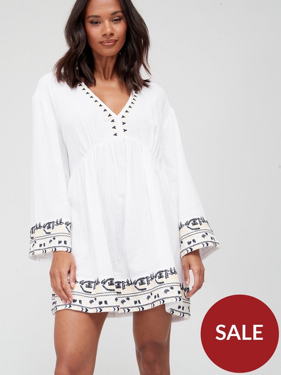 front image of v-by-very-flute-long-sleeve-embroidered-beach-mini-dress-white