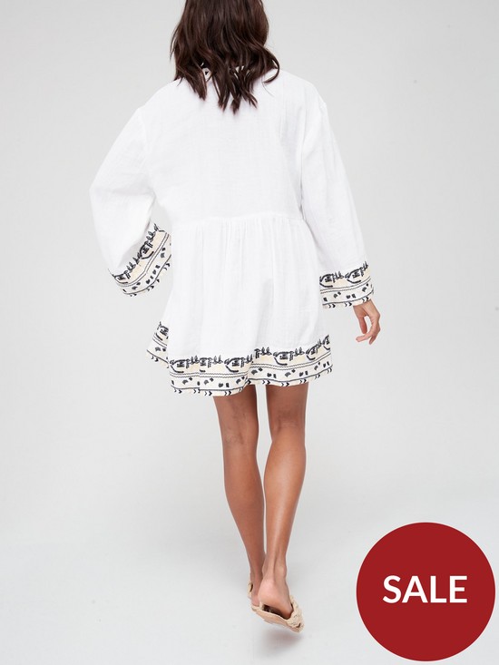 stillFront image of v-by-very-flute-long-sleeve-embroidered-beach-mini-dress-white