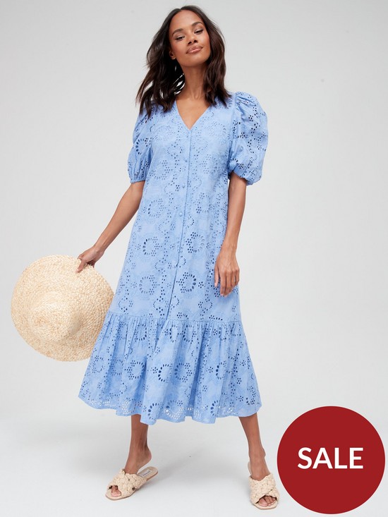 front image of v-by-very-embroidered-puff-sleeve-beach-maxi-dress-blue