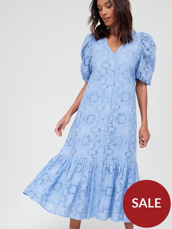 stillFront image of v-by-very-embroidered-puff-sleeve-beach-maxi-dress-blue