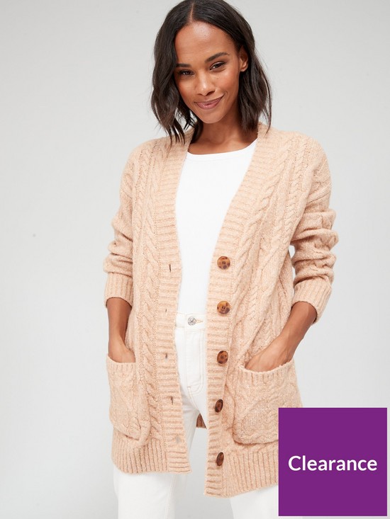 front image of v-by-very-knitted-chunky-cable-button-through-cardigan-camel