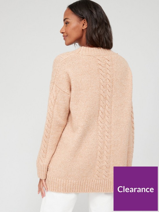 stillFront image of v-by-very-knitted-chunky-cable-button-through-cardigan-camel