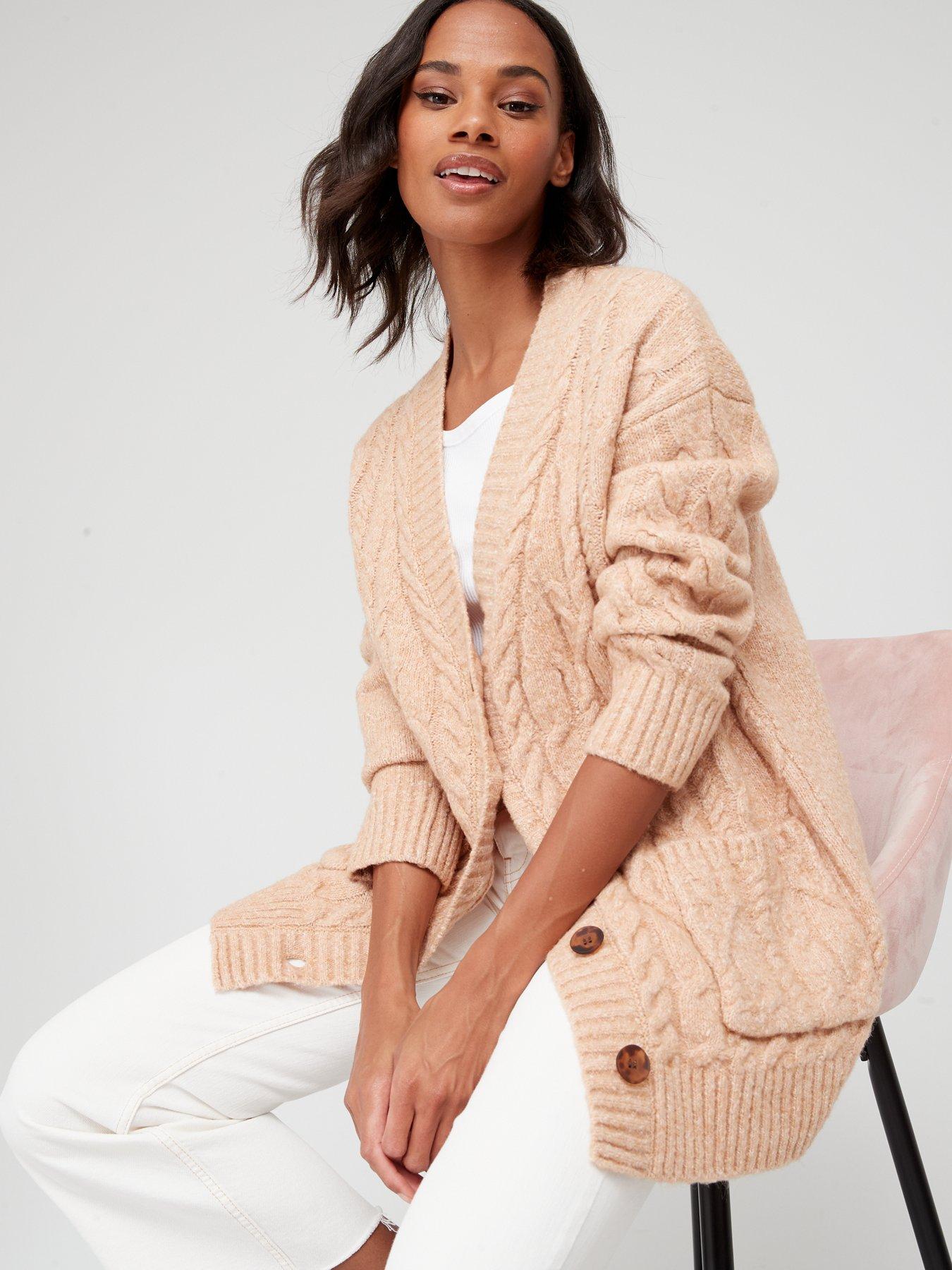  image of v-by-very-knitted-chunky-cable-button-through-cardigan-camel