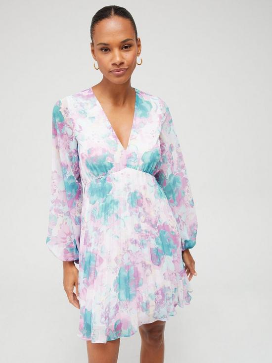 front image of v-by-very-printed-v-neck-pleated-mini-dress-lilac