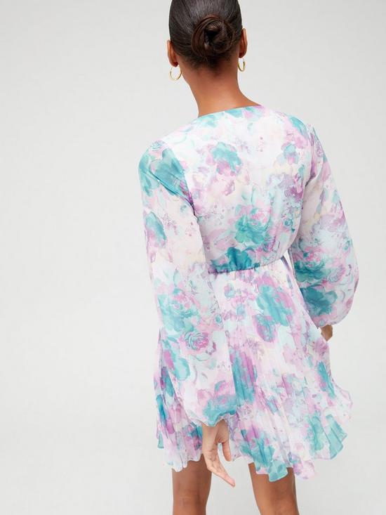 stillFront image of v-by-very-printed-v-neck-pleated-mini-dress-lilac