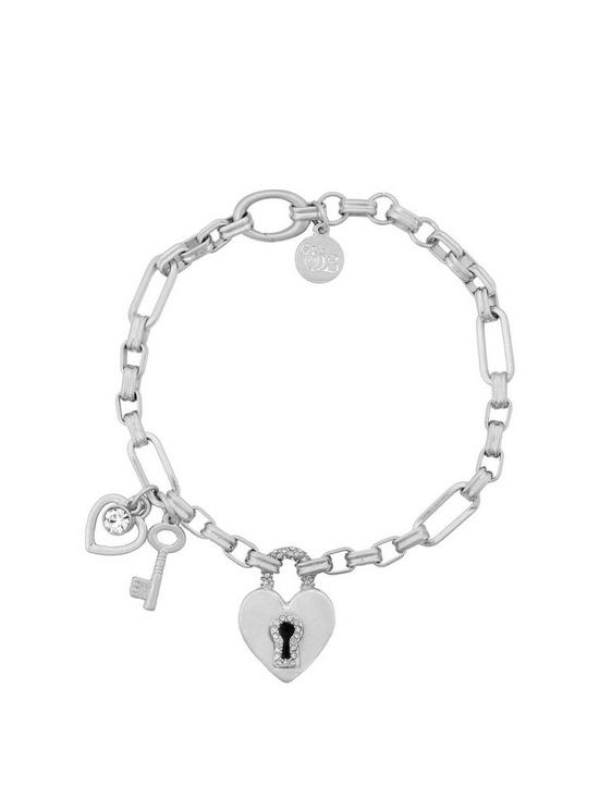 front image of bibi-bijoux-silver-pave-heart-padlock-and-key-bracelet
