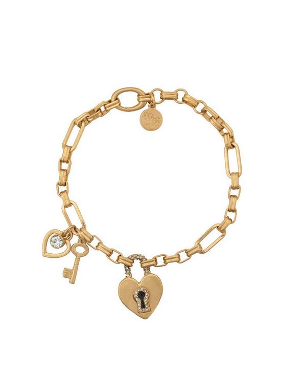 front image of bibi-bijoux-gold-pave-heart-padlock-and-key-bracelet