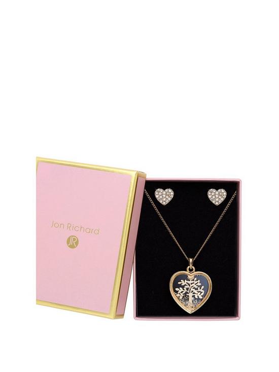 front image of jon-richard-gold-crystal-heart-shaker-necklace-and-earring-set-gift-packaged