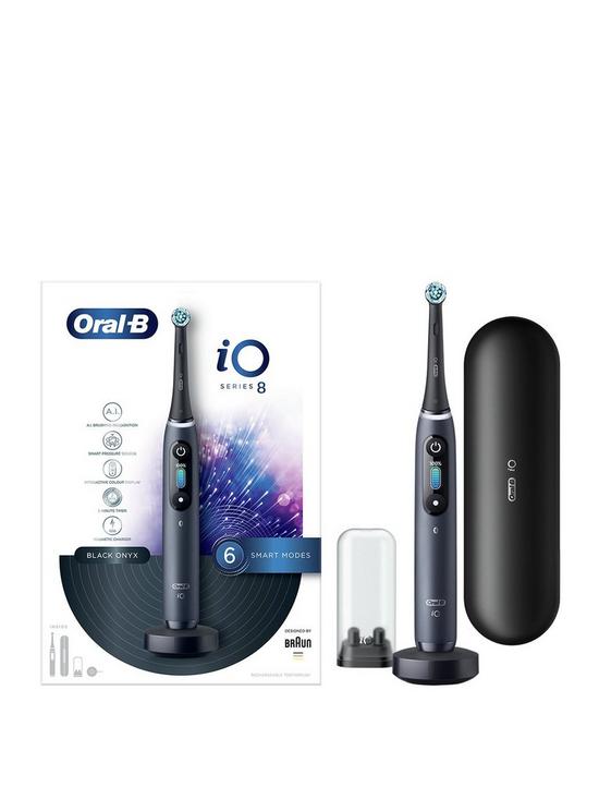 front image of oral-b-io8-black-electric-toothbrush-travel-case