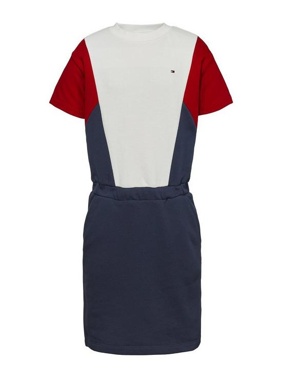 front image of tommy-hilfiger-girls-colourblock-knit-dress-navy