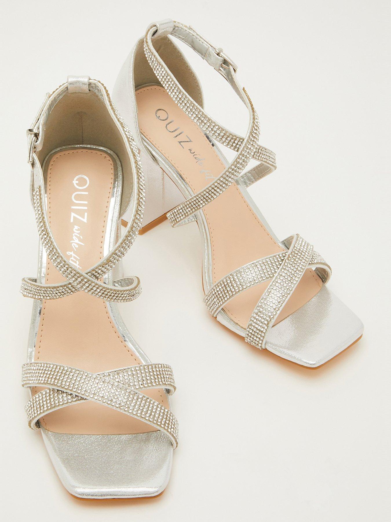 Quiz Wide Fit Diamante Heeled Sandals Light Silver littlewoods