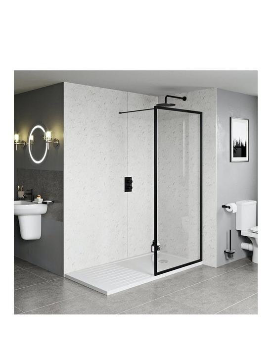 front image of orchard-bathrooms-by-victoria-plum-cooper-matt-black-framed-walk-in-shower-enclosure-with-lightweightnbsptray-and-waste-1400-x-900