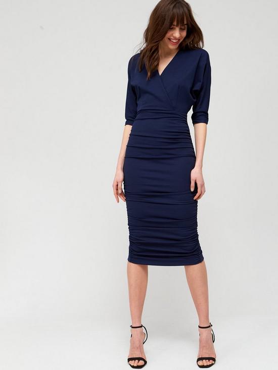 front image of v-by-very-ruched-skirt-pencil-midi-dress-navy