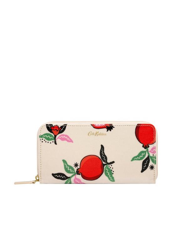 front image of cath-kidston-pomegranate-continental-zip-wallet-cream