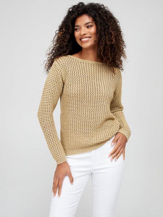 front image of fig-basil-metallic-cable-knit-jumper-rose-gold