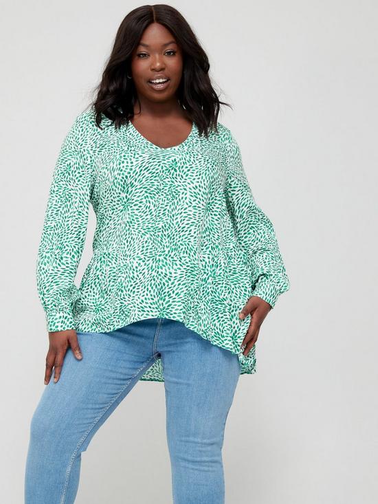 front image of v-by-very-curve-long-sleeve-v-neck-gathered-waist-swirl-print-blouse-green