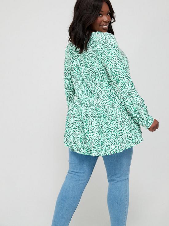 stillFront image of v-by-very-curve-long-sleeve-v-neck-gathered-waist-swirl-print-blouse-green