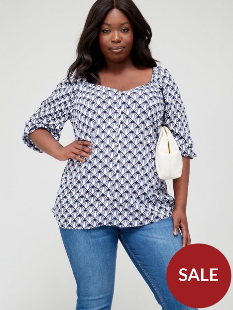 v-by-very-curve-sweetheart-neck-button-through-geo-blouse-blue