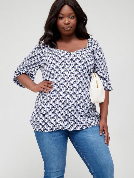 front image of v-by-very-curve-sweetheart-neck-button-through-geo-blouse-blue