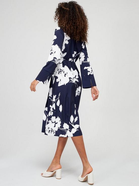 stillFront image of fig-basil-wrap-kimono-sleeve-midi-dress-navy-print