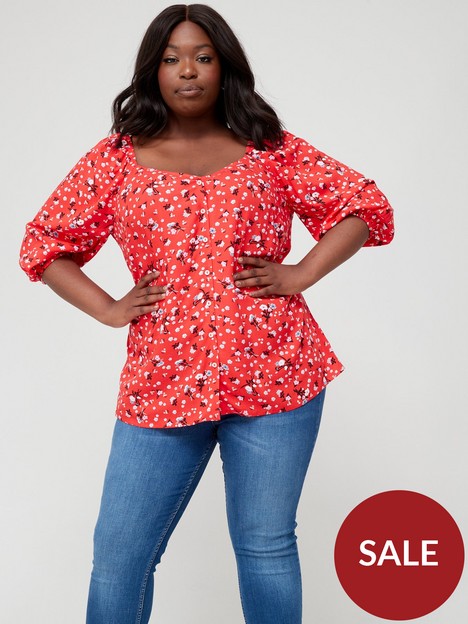 v-by-very-curve-sweetheart-neck-button-through-floral-blouse-red