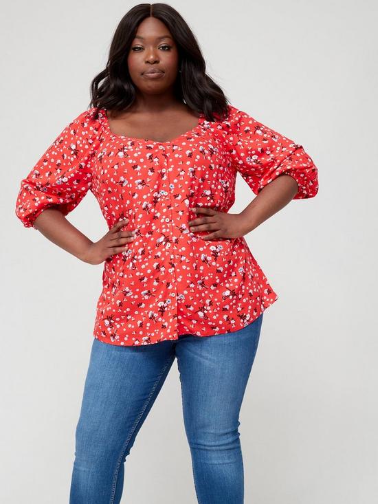front image of v-by-very-curve-sweetheart-neck-button-through-floral-blouse-red