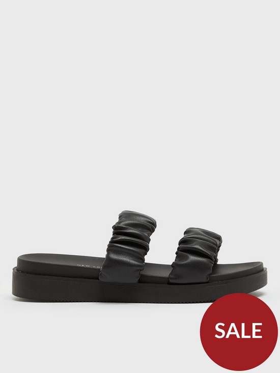 front image of new-look-black-ruched-double-strap-chunky-sliders