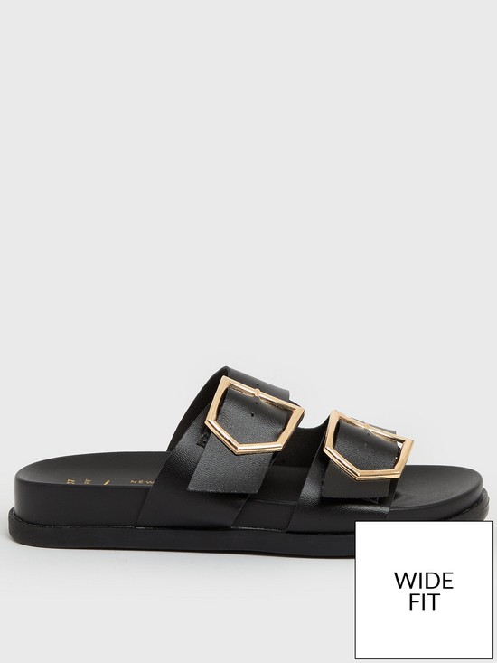 front image of new-look-wide-fit-black-leather-look-buckle-footbed-sliders