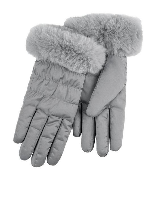 front image of totes-water-repellent-padded-smartouch-gloves-with-faux-fur-cuff-grey