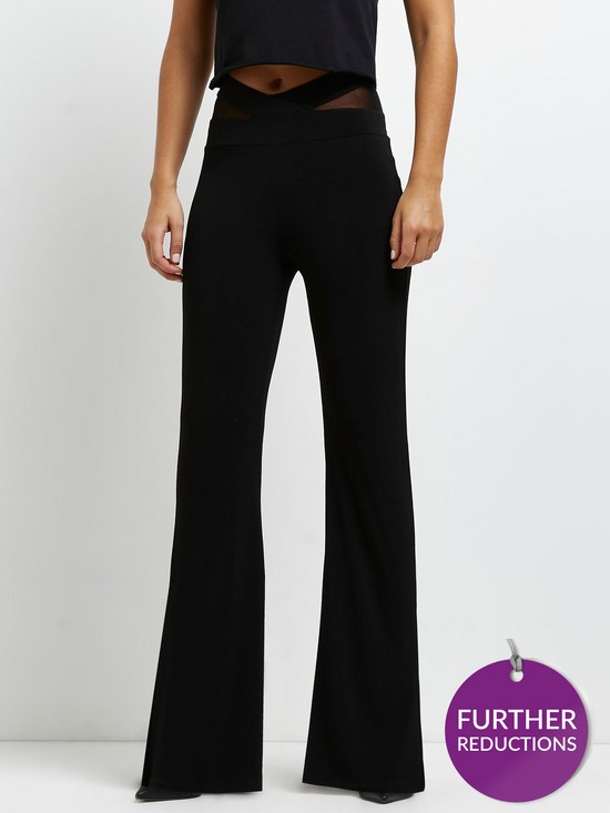 front image of river-island-mesh-waistband-kickflare-trouser-black