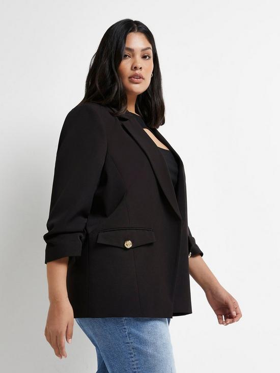 front image of ri-plus-ruched-sleeve-blazer-black