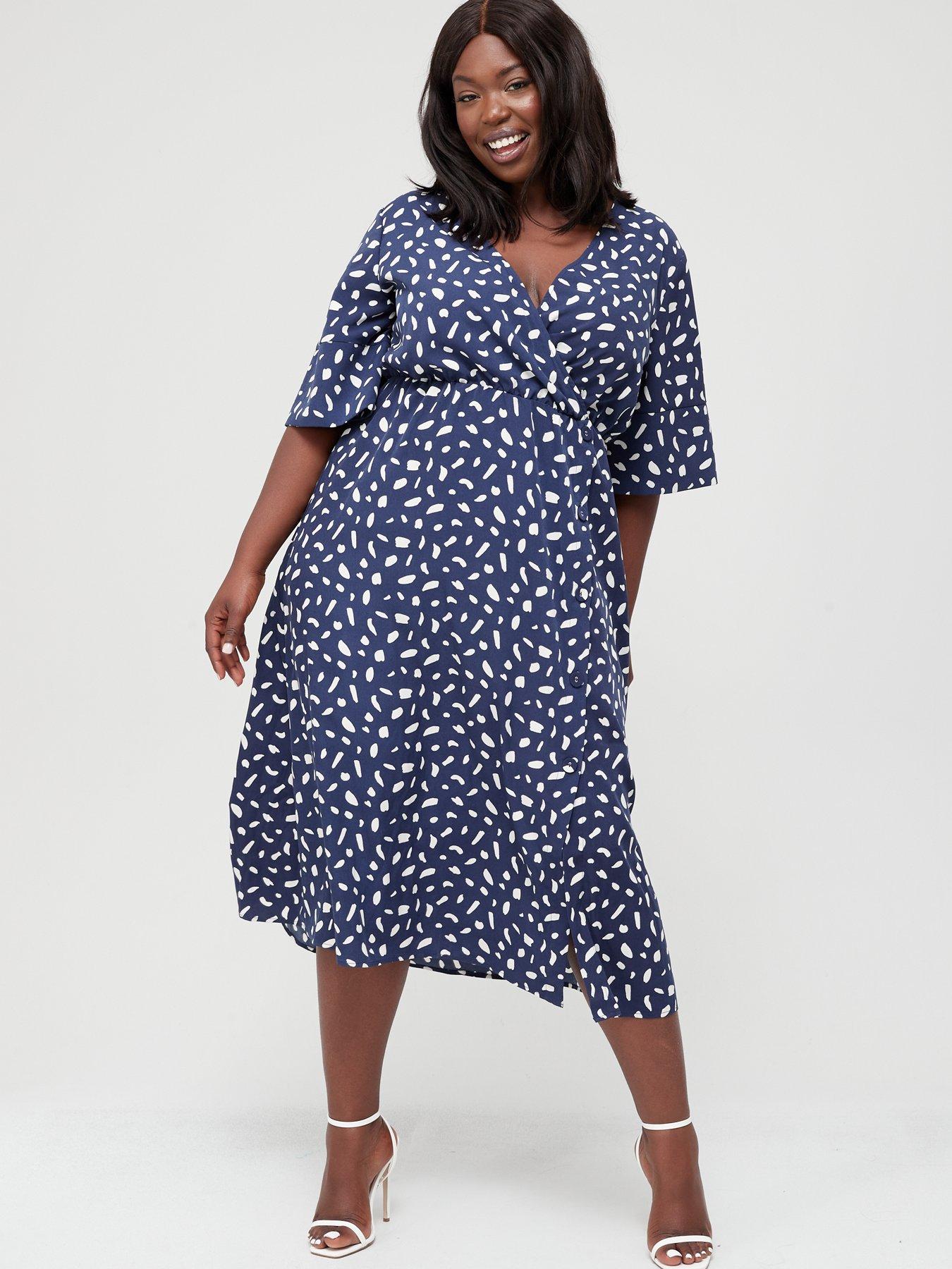 Kimono Sleeve Spot Print Midi Wrap Dress - Navy