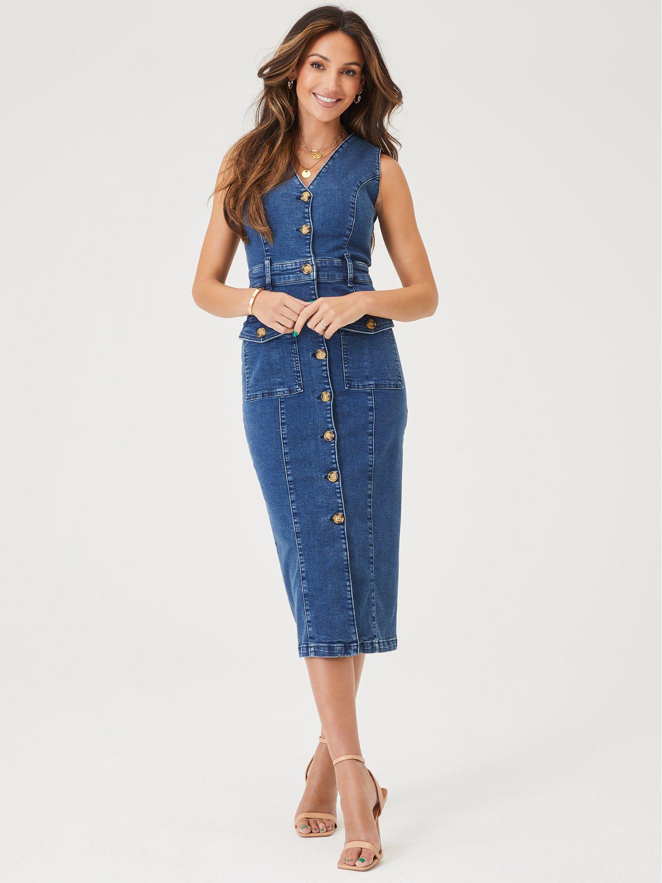 michelle keegan short sleeve denim pencil dress