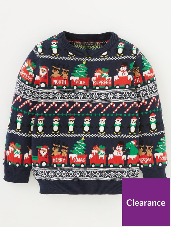 front image of mini-v-by-very-boys-christmas-fairisle-train-knitted-jumpernbsp--navy